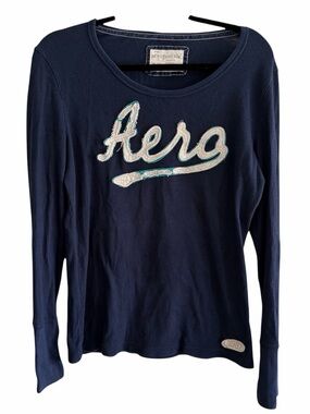 Aeropostale Aero Y2K Navy Ribbed Logo Long Sleeve Top XL